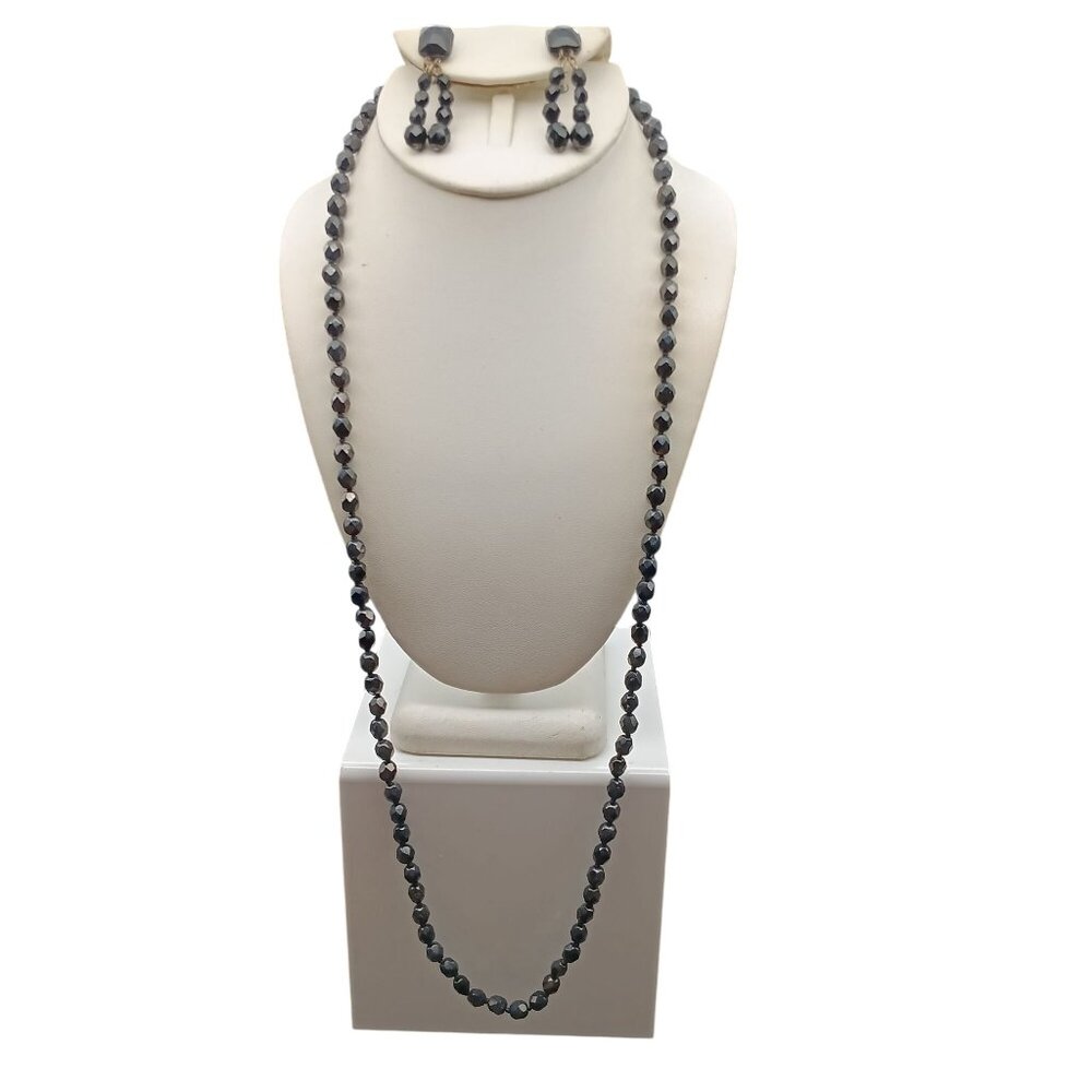 Vintage French Jet Parure Mourning Black Glass Bead Knotted Necklace & Screw Bac